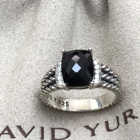David Yurman Sterling Silver Petite Black Onyx & Diamond Wheaton Ring Size 8 - Picture 4 of 4